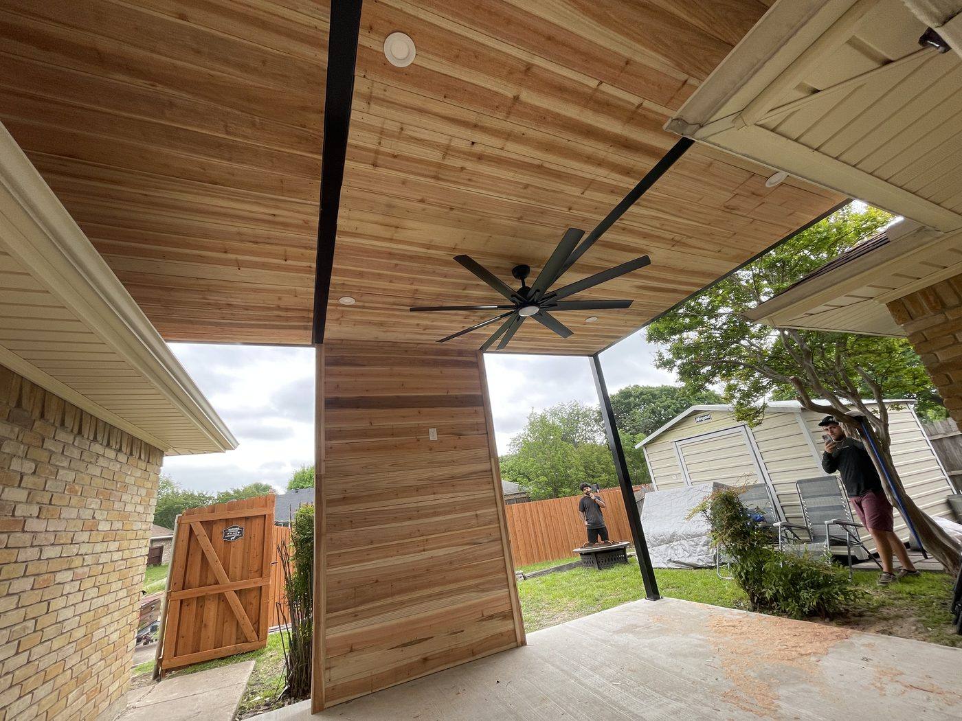 Cedar T&G patio cover with ceiling fan