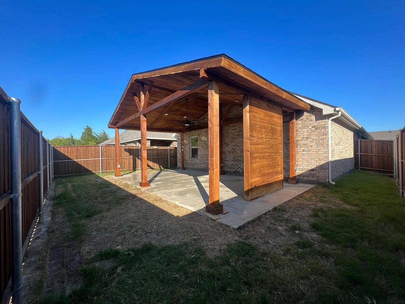 Cedar gable patio cover blue sky