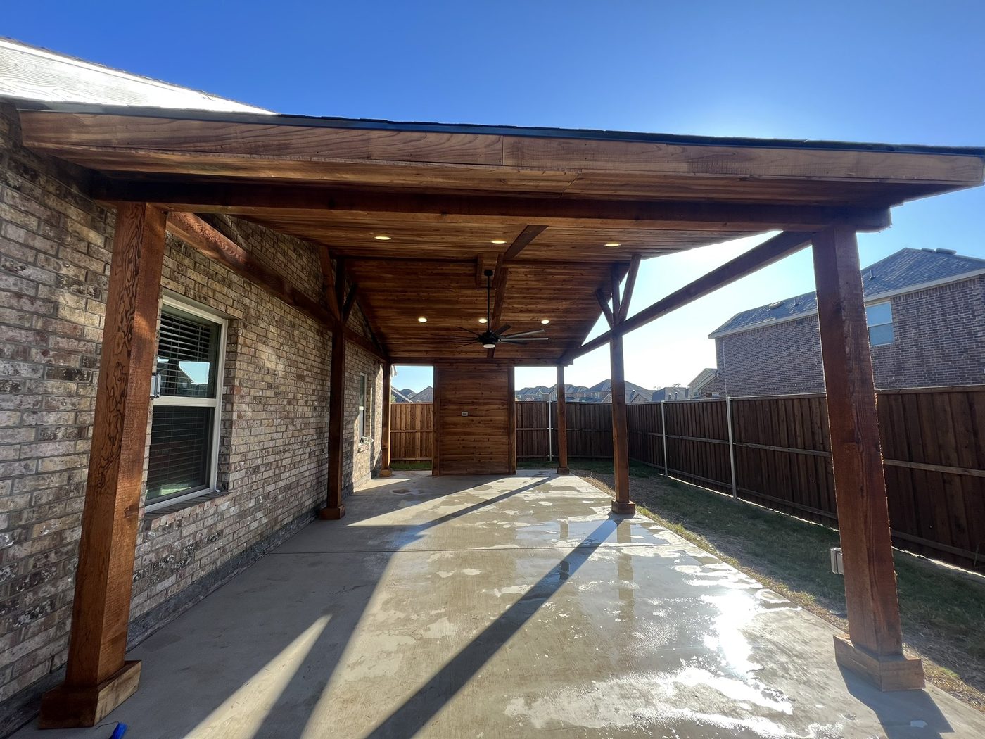 Modern cedar patio golden hour